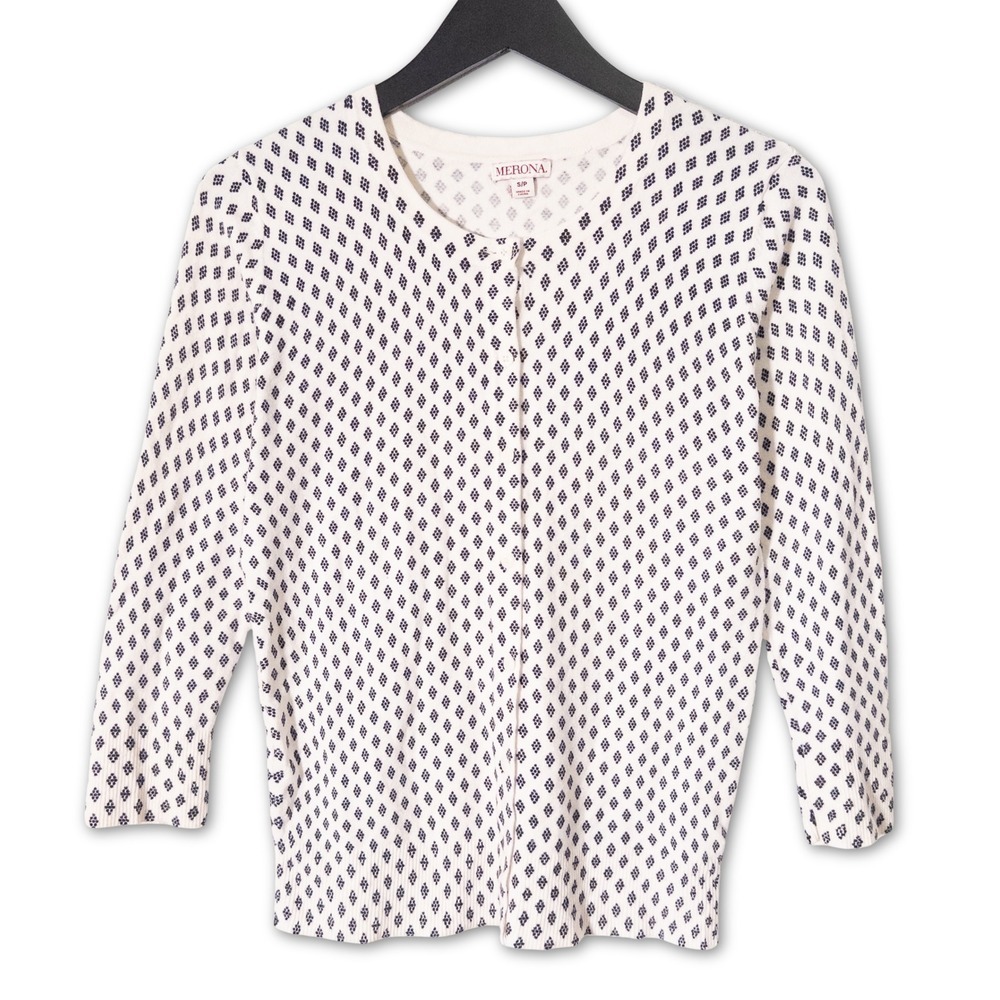 Merona Cardigan Women‎ Small White Black Button Front Knit Sweater Preppy Twee
